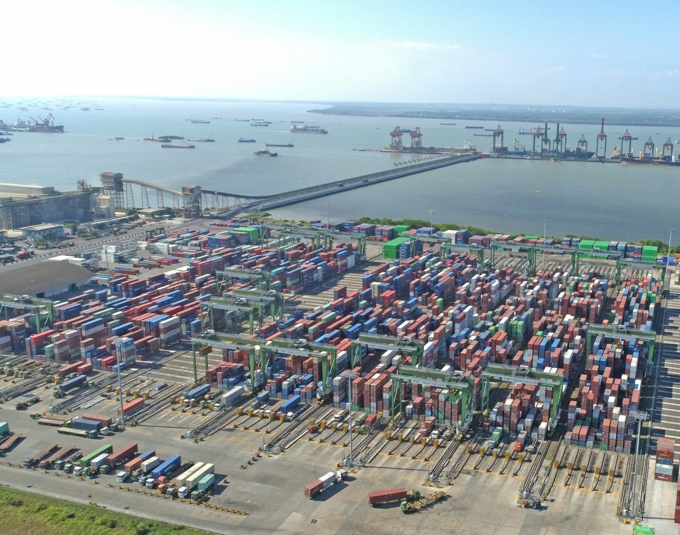 Aerial view of a busy shipping port